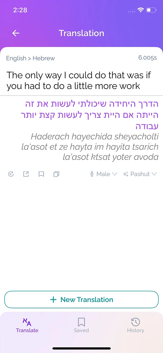 English to Hebrew translation with transliteration