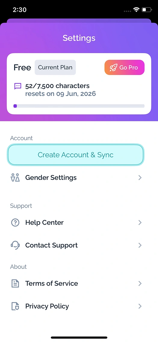 Baba settings with usage meter and subscription info