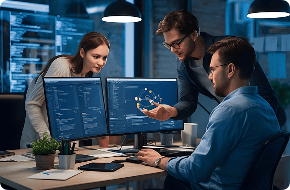 Team discussing software development in an office