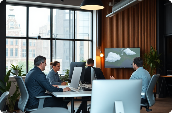 Team discussing software development in an office