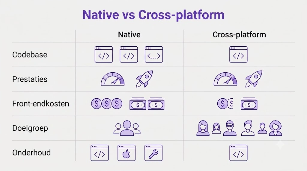Vergelijking native en cross-platform app-ontwikkeling: codebase, prestaties, kosten, doelgroep en onderhoud


