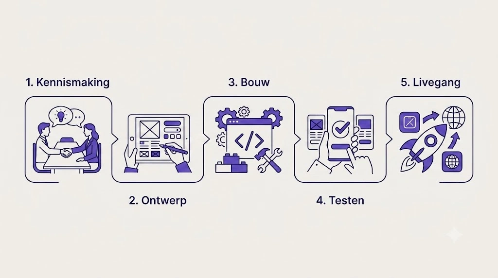 App-ontwikkeltraject in vijf stappen: kennismaking, ontwerp, bouw, testen en livegang

