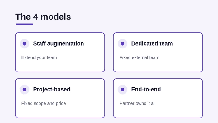 The four software development outsourcing models: staff augmentation, dedicated team, project-based and end-to-end
