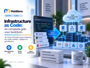 HERO SPEC (paste into ChatGPT): BLOG TITLE: Infrastructure as Code: de complete gids voor bedrijven TOPIC: DEVOPS · CLOUD SUBTITLE: Je cloud-infrastructuur beheren als code: sneller, veiliger en goedkoper. 3 CHIPS: Reproduceerbare uitrol Minder fouten Lagere cloud-kosten RIGHT ILLUSTRATION: Een 3D-scene waarin een codebestand via een blauwe pijl automatisch een set servers, netwerken en cloud-blokken opbouwt. SIZE: 1143 × 858 px --- HERO IMAGE FILENAME (SEO, save the file as this): infrastructure-as-code-hero.webp HERO ALT TEXT: Infrastructure as code uitgelegd voor bedrijven, by Mobilions