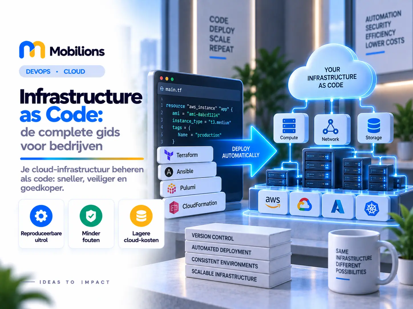 HERO SPEC (paste into ChatGPT): BLOG TITLE: Infrastructure as Code: de complete gids voor bedrijven TOPIC: DEVOPS · CLOUD SUBTITLE: Je cloud-infrastructuur beheren als code: sneller, veiliger en goedkoper. 3 CHIPS: Reproduceerbare uitrol Minder fouten Lagere cloud-kosten RIGHT ILLUSTRATION: Een 3D-scene waarin een codebestand via een blauwe pijl automatisch een set servers, netwerken en cloud-blokken opbouwt. SIZE: 1143 × 858 px --- HERO IMAGE FILENAME (SEO, save the file as this): infrastructure-as-code-hero.webp HERO ALT TEXT: Infrastructure as code uitgelegd voor bedrijven, by Mobilions